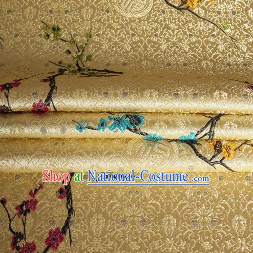 Chinese Traditional Costume Royal Palace Wintersweet Pattern Mud Golden Satin Brocade Fabric, Chinese Ancient Clothing Drapery Hanfu Cheongsam Material