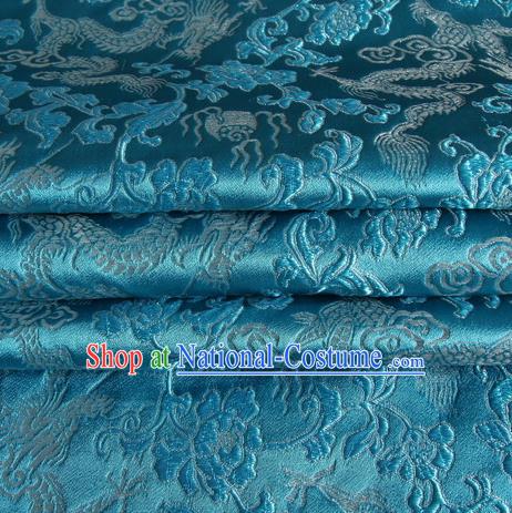 Chinese Traditional Costume Royal Palace Dragons Pattern Lake Blue Satin Brocade Fabric, Chinese Ancient Clothing Drapery Hanfu Cheongsam Material