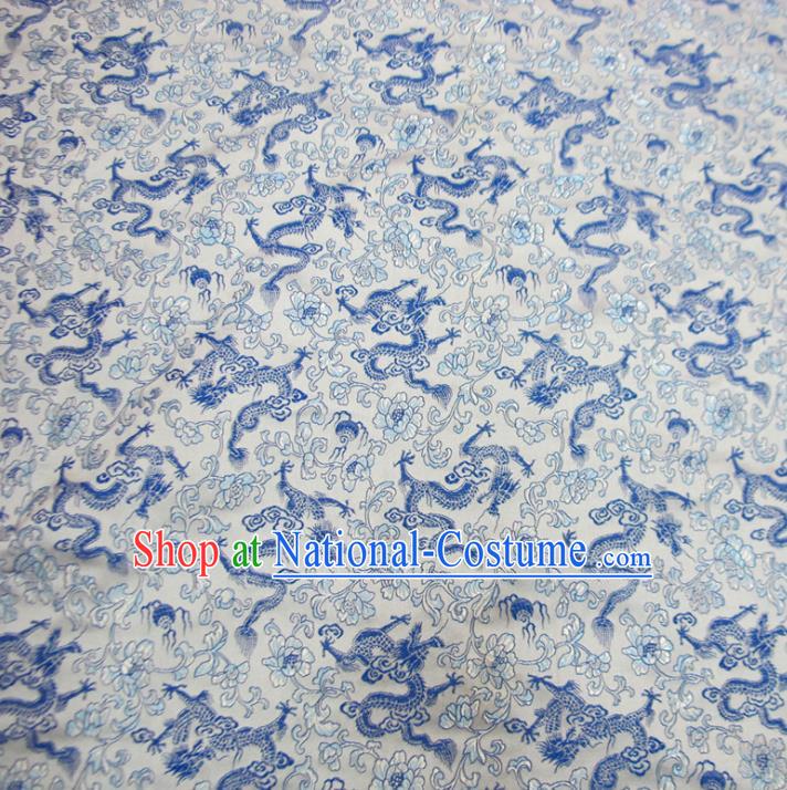 Chinese Traditional Costume Royal Palace Blue and White Porcelain Dragons Pattern Satin Brocade Fabric, Chinese Ancient Clothing Drapery Hanfu Cheongsam Material