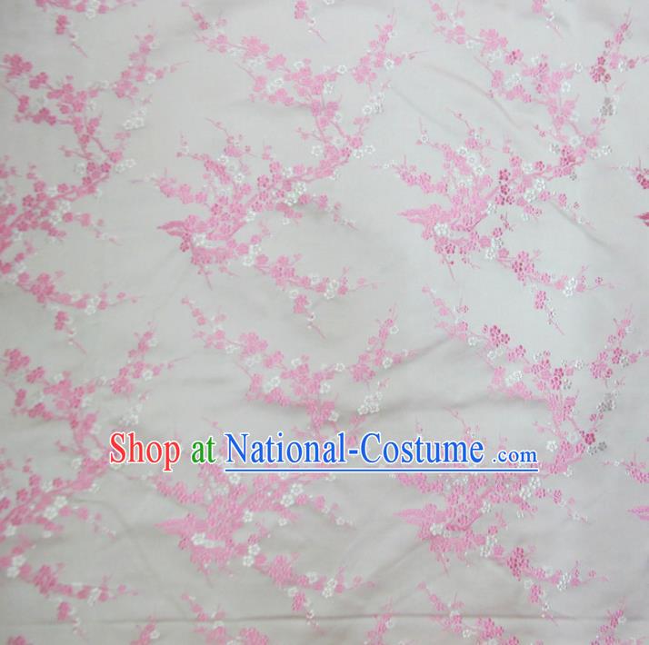 Chinese Traditional Costume Royal Palace Pink Wintersweet Pattern Satin White Brocade Fabric, Chinese Ancient Clothing Drapery Hanfu Cheongsam Material