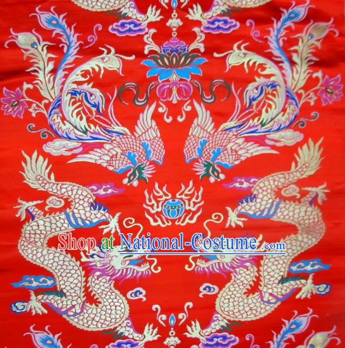 Chinese Traditional Costume Royal Palace Phoenix Dragon Pattern Red Satin Nanjing Brocade Fabric, Chinese Ancient Clothing Drapery Hanfu Cheongsam Material