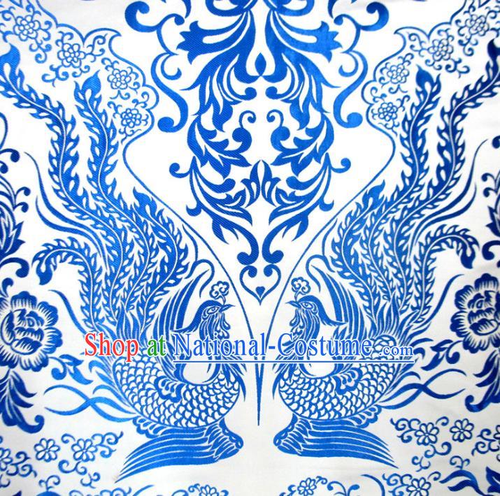 Chinese Traditional Costume Royal Palace Blue and White Porcelain Phoenix Pattern Satin Nanjing Brocade Fabric, Chinese Ancient Clothing Drapery Hanfu Cheongsam Material