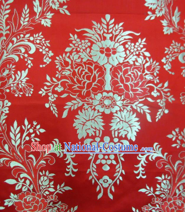 Chinese Traditional Costume Royal Palace Flowers Pattern Red Satin Nanjing Brocade Fabric, Chinese Ancient Clothing Drapery Hanfu Cheongsam Material