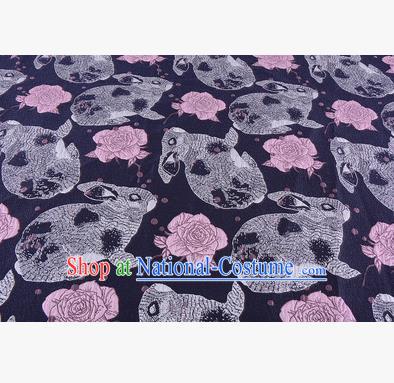 Chinese Traditional Costume Royal Palace Rabbit Flowers Pattern Navy Fabric, Chinese Ancient Clothing Drapery Hanfu Cheongsam Material