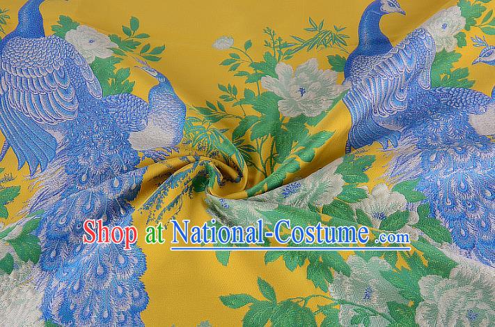 Chinese Traditional Costume Royal Palace Printing Peacock Peony Yellow Brocade Fabric, Chinese Ancient Clothing Drapery Hanfu Cheongsam Material