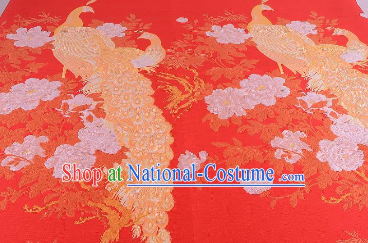 Chinese Traditional Costume Royal Palace Printing Peacock Peony Red Brocade Fabric, Chinese Ancient Clothing Drapery Hanfu Cheongsam Material