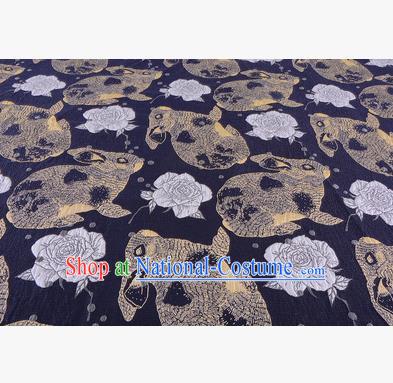 Chinese Traditional Costume Royal Palace Golden Rabbit Flowers Pattern Navy Fabric, Chinese Ancient Clothing Drapery Hanfu Cheongsam Material