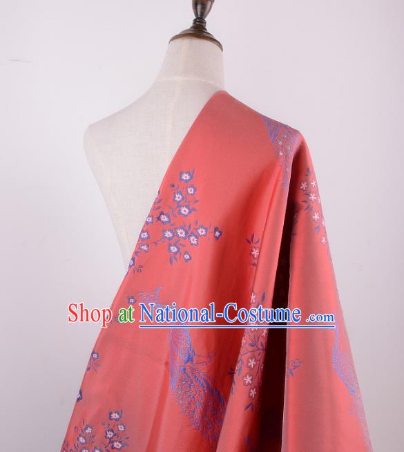 Chinese Traditional Costume Royal Palace Printing Peacock Pattern Red Brocade Fabric, Chinese Ancient Clothing Drapery Hanfu Cheongsam Material