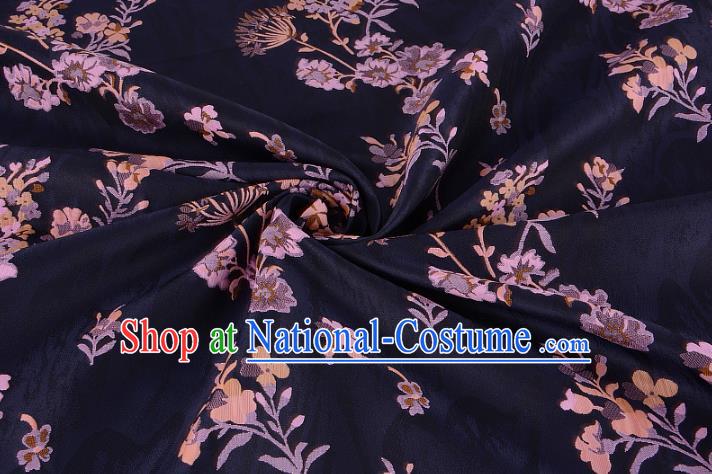 Chinese Traditional Costume Royal Palace Printing Dandelion Pattern Navy Brocade Fabric, Chinese Ancient Clothing Drapery Hanfu Cheongsam Material