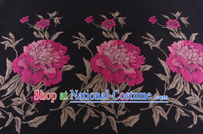 Chinese Traditional Costume Royal Palace Printing Peony Pattern Black Brocade Fabric, Chinese Ancient Clothing Drapery Hanfu Cheongsam Material