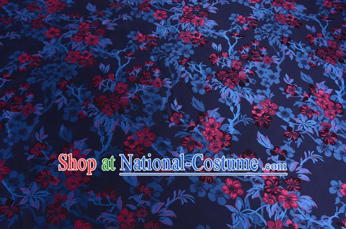 Chinese Traditional Costume Royal Palace Wintersweet Pattern Deep Blue Brocade Fabric, Chinese Ancient Clothing Drapery Hanfu Cheongsam Material