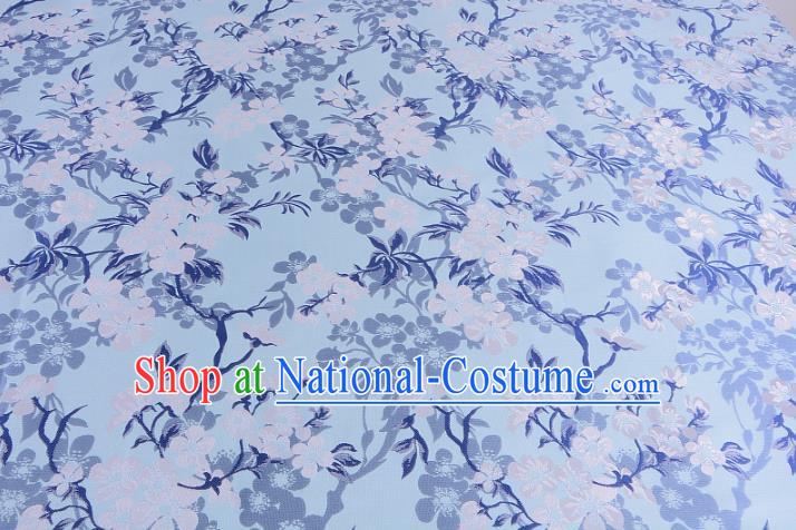 Chinese Traditional Costume Royal Palace Wintersweet Pattern Blue Brocade Fabric, Chinese Ancient Clothing Drapery Hanfu Cheongsam Material