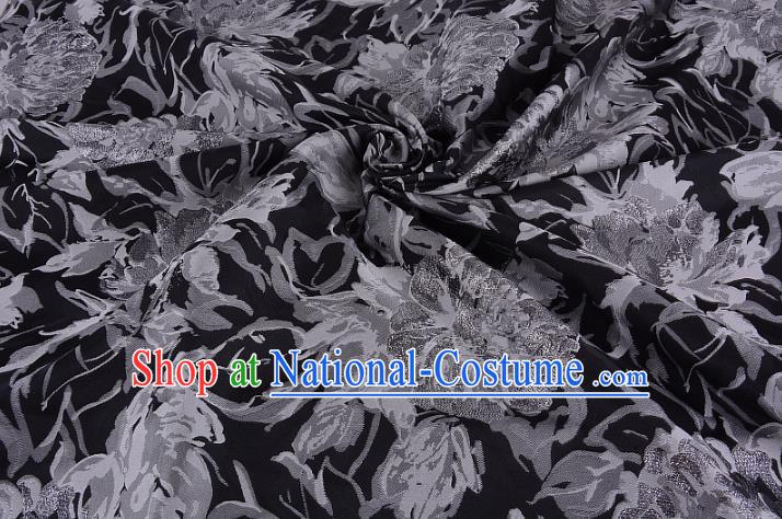 Chinese Traditional Costume Royal Palace Printing Peony Black Satin Brocade Fabric, Chinese Ancient Clothing Drapery Hanfu Cheongsam Material