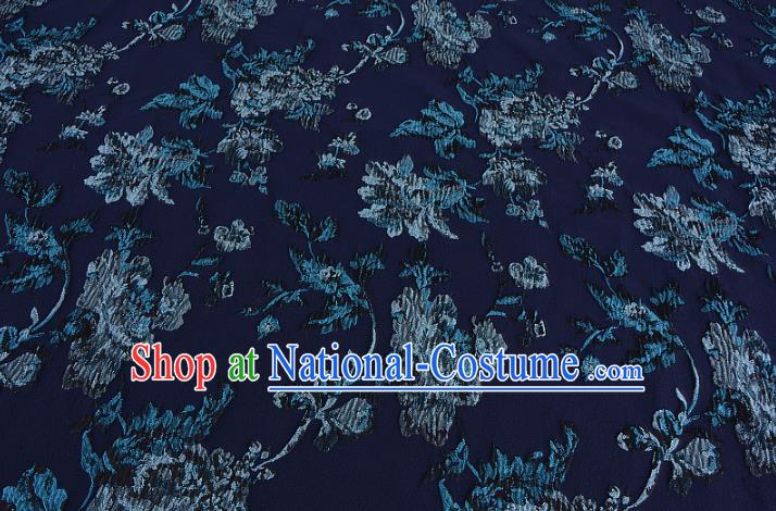 Chinese Traditional Costume Royal Palace Printing Flowers Navy Satin Brocade Fabric, Chinese Ancient Clothing Drapery Hanfu Cheongsam Material