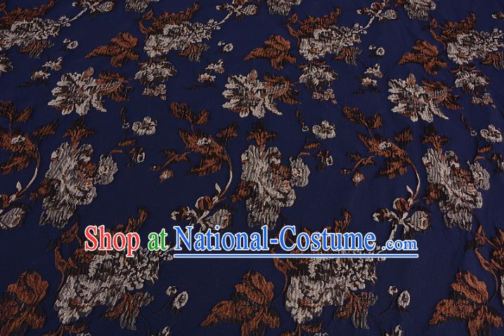 Chinese Traditional Costume Royal Palace Printing Flowers Dark Blue Satin Brocade Fabric, Chinese Ancient Clothing Drapery Hanfu Cheongsam Material