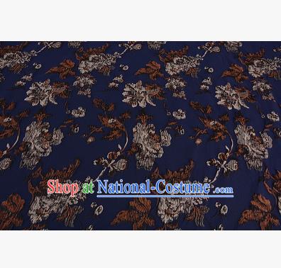 Chinese Traditional Costume Royal Palace Printing Flowers Deep Blue Satin Brocade Fabric, Chinese Ancient Clothing Drapery Hanfu Cheongsam Material