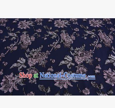 Chinese Traditional Costume Royal Palace Printing Flowers Deep Blue Satin Brocade Fabric, Chinese Ancient Clothing Drapery Hanfu Cheongsam Material