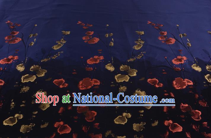 Chinese Traditional Costume Royal Palace Printing Flowers Navy Satin Brocade Fabric, Chinese Ancient Clothing Drapery Hanfu Cheongsam Material