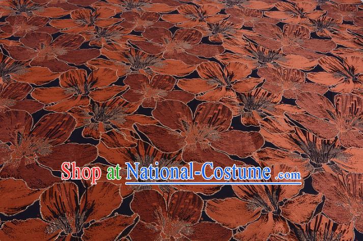 Chinese Traditional Costume Royal Palace Printing Orange Lily Flowers Black Satin Brocade Fabric, Chinese Ancient Clothing Drapery Hanfu Cheongsam Material