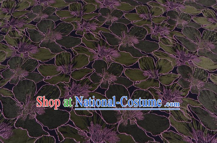 Chinese Traditional Costume Royal Palace Printing Green Lily Flowers Black Satin Brocade Fabric, Chinese Ancient Clothing Drapery Hanfu Cheongsam Material