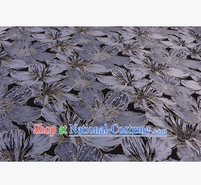 Chinese Traditional Costume Royal Palace Printing Grey Lily Flowers Black Satin Brocade Fabric, Chinese Ancient Clothing Drapery Hanfu Cheongsam Material