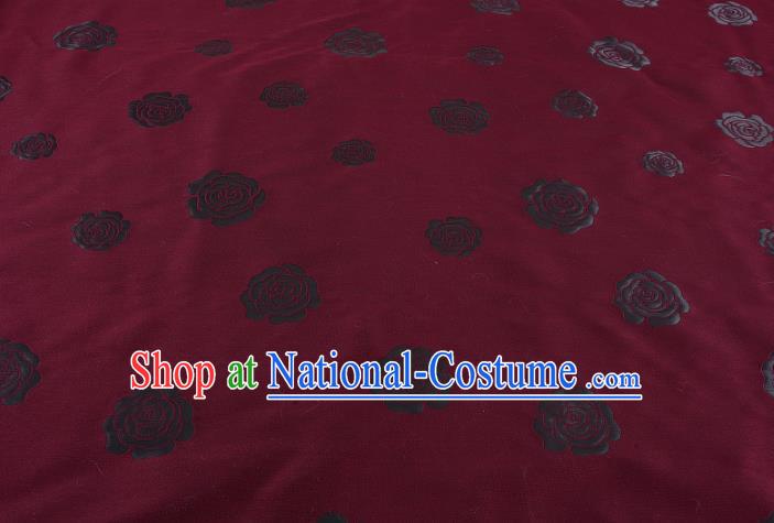 Chinese Traditional Costume Royal Palace Rose Pattern Wine Red Satin Brocade Fabric, Chinese Ancient Clothing Drapery Hanfu Cheongsam Material