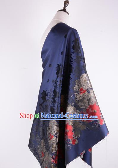 Chinese Traditional Costume Royal Palace Printing Flowers Pattern Deep Blue Brocade Fabric, Chinese Ancient Clothing Drapery Hanfu Cheongsam Material