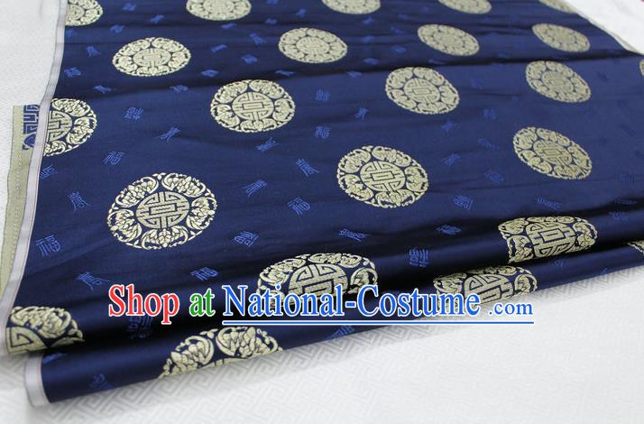 Chinese Traditional Royal Palace Longevity Pattern Mongolian Robe Navy Satin Brocade Fabric, Chinese Ancient Costume Drapery Hanfu Tang Suit Material