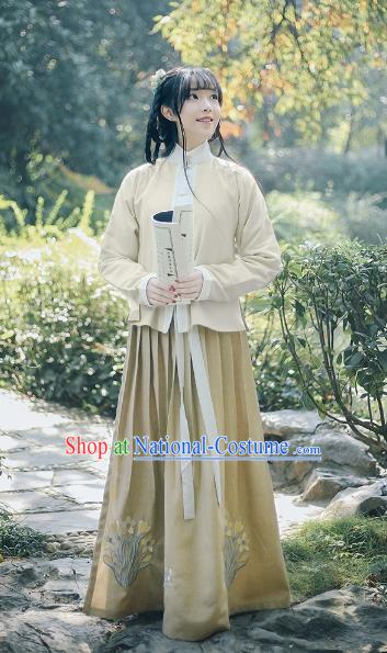 Traditional Chinese Ancient Ming Dynasty Hanfu Princess Costume Embroidered Magnolia Blouse and Skirt Complete Set for Women