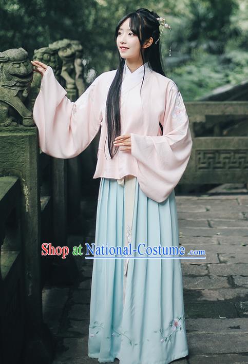 Traditional Chinese Ming Dynasty Nobility Lady Ancient Princess Hanfu Costume Embroidered Paeonia Lactiflora Blouse and Skirt for Women