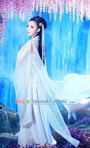 Traditional Ancient Chinese Costume, Costumes Elegant Hanfu Clothing Chinese Imperial Emperess Chiffon White Clothing for Women