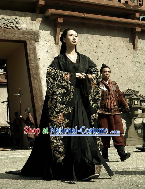 Traditional Ancient Chinese Costume, Elegant Hanfu Clothing, Chinese Han Dynasty Imperial Emperess Tailing Black Embroidered Clothing for Women