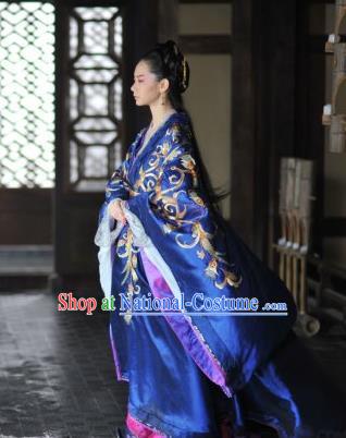 Traditional Ancient Chinese Costume, Elegant Hanfu Clothing, Chinese Han Dynasty Imperial Emperess Tailing Royalblue Embroidered Clothing for Women