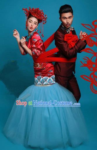 Traditional Chinese Wedding Costume, Elegant Chinese Wedding Bride Toast Full Dress Embroidered Clothing for Women