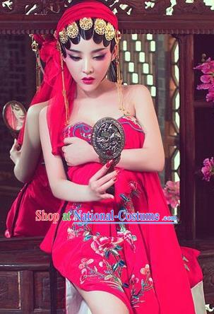 Traditional Ancient Chinese Opera Red Costume, Elegant Hanfu Clothing Chinese Tang Dynasty Hua Tan Water Sleeve Embroidered Clothing for Women