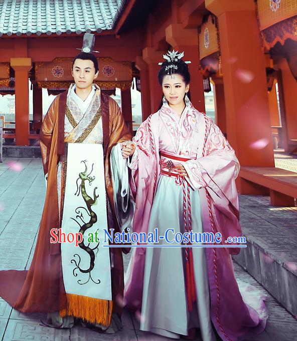 Traditional Ancient Chinese Imperial Consort and Emperor Costume Set, Elegant Hanfu Clothing Chinese Han Dynasty Imperial Queen and King Tailing Embroidered Clothing for Women for Men