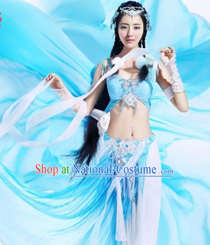 Ancient Chinese Swordsman Elegant Blue Costumes for Women