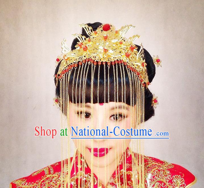 Chinese Wedding Jewelry Accessories Traditional Xiuhe Suits Wedding Bride Headwear Phoenix Coronet Wedding Tiara Ancient Chinese Tassel Harpins for Women