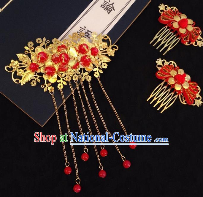 Chinese Wedding Jewelry Accessories Traditional Xiuhe Suits Wedding Bride Headwear Wedding Hair Comb Tiara Ancient Chinese Red Tassel Harpins for Women