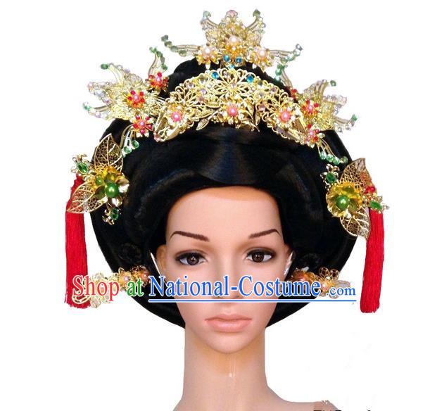 Chinese Wedding Jewelry Accessories Traditional Xiuhe Suits Wedding Bride Headwear, Wedding Hair Accessories Tiara Ancient Chinese Red Tassel Harpins Complete Set for Women