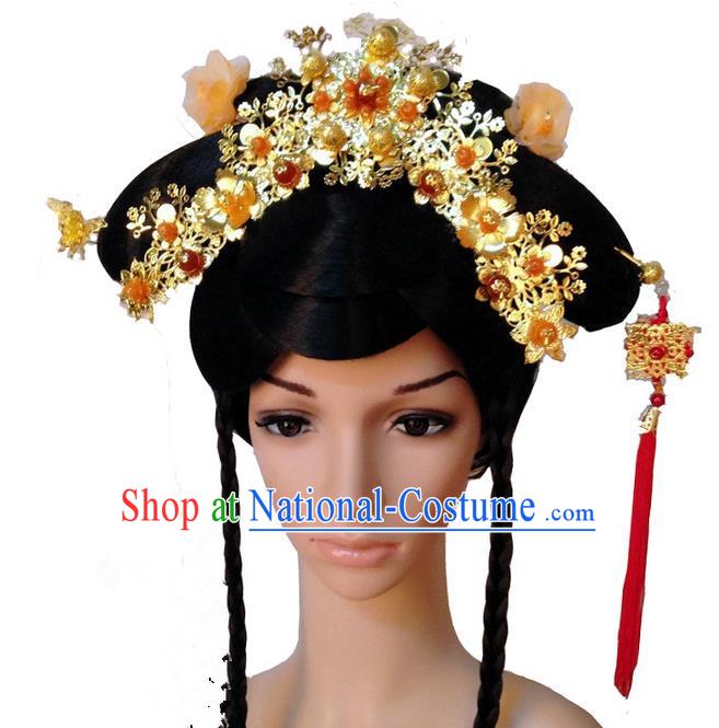 Chinese Wedding Jewelry Accessories Traditional Xiuhe Suits Wedding Bride Headwear, Wedding Hair Accessories, Ancient Chinese Red Tassel Harpins Complete Set for Women