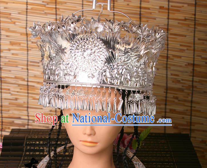 Traditional Chinese Miao Nationality Wedding Crown, Hmong Female Wedding Phoenix Silver Headwear for Women