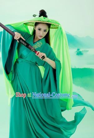 Ancient Chinese Swordsman Green Embroidered Costumes Han Dynasty Clothing for Women