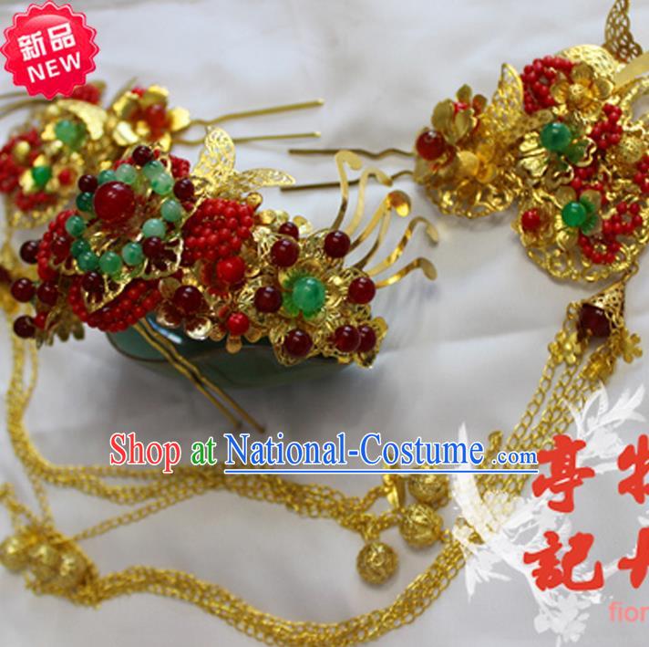 Traditional Handmade Chinese Ancient Classical Hair Accessories Han Dynasty Princess Hairpin Bride Phoenix Coronet, Hanfu Wedding Hair Jewellery, Hair Fascinators Hairpins Complete Set for Women