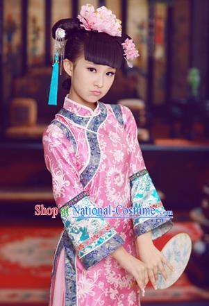 Traditional Ancient Chinese Imperial Princess Children Costume, Chinese Qing Dynasty Manchu Little Girl Dress, Cosplay Chinese Concubine Embroidered Clothing for Kids