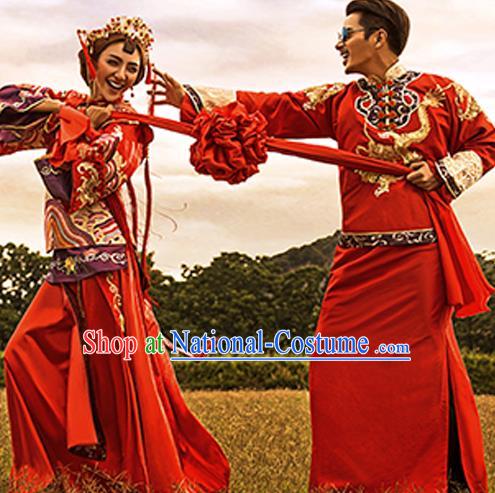 Traditional Ancient Chinese Costume Xiuhe Suits, Chinese Style Bride and Bridegroom Wedding Dress, Red Ancient Dragon And Phoenix Flown Toast Cheongsam for Women for Men