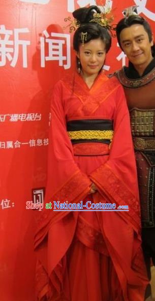 Traditional Ancient Chinese Imperial Consort Red Costume, Elegant Hanfu Clothing Chinese Han Dynasty Imperial Emperess Tailing Embroidered Clothing for Women