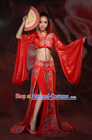 Traditional Ancient Chinese Imperial Consort Red Costume, Elegant Hanfu Clothing Chinese Tang Dynasty Imperial Emperess Sexy Tailing Embroidered Clothing for Women