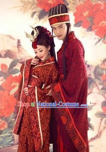 Traditional Ancient Chinese Imperial Emperess and Emperor Red Costume Complete Set, Chinese Han Dynasty Bride and Bridegroom Wedding Dress, Chinese Emperess Emperor Trailing Clothing for Women for Men