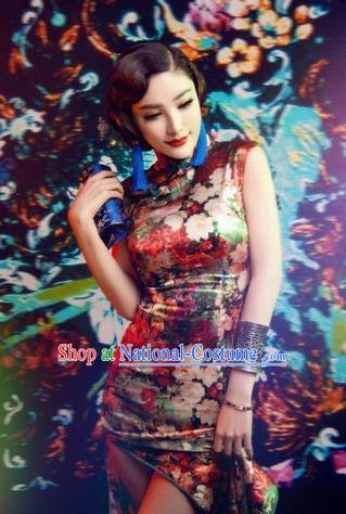 Traditional Ancient Chinese Young Women Cheongsam Dress, Republic of China Tangsuit Stand Collar Brocade Short Cheongsam for Women